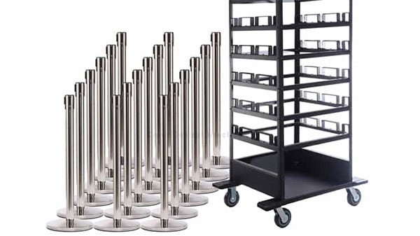 Set of 18 Retractable Belt Stanchions with Horizontal Storage Cart